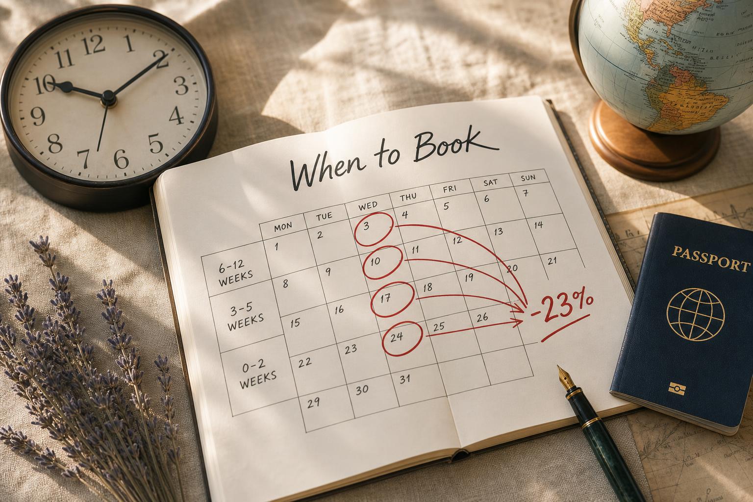 Calendar and small alarm clock on a hotel bedside table next to a suitcase